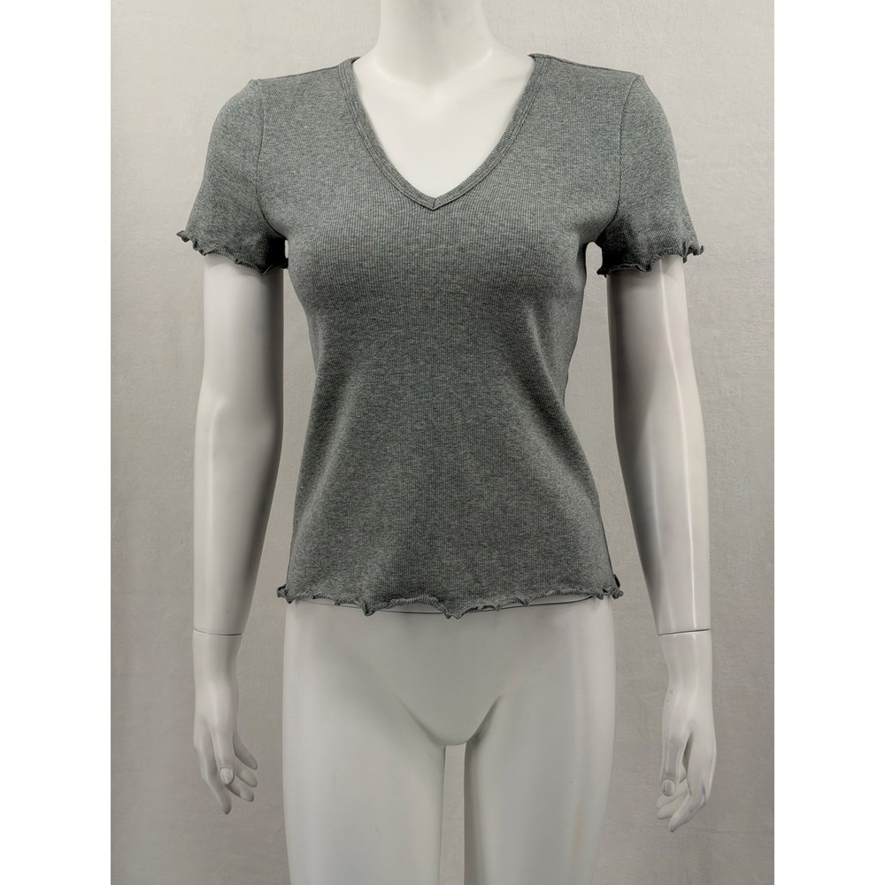 Riley & Rae Top Women XS Gray Ribbed V-Neck Short Sleeve Everyday Casual Stretch